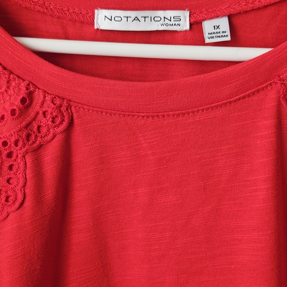 NOTATIONS Women's Red Eyelet Accent Top